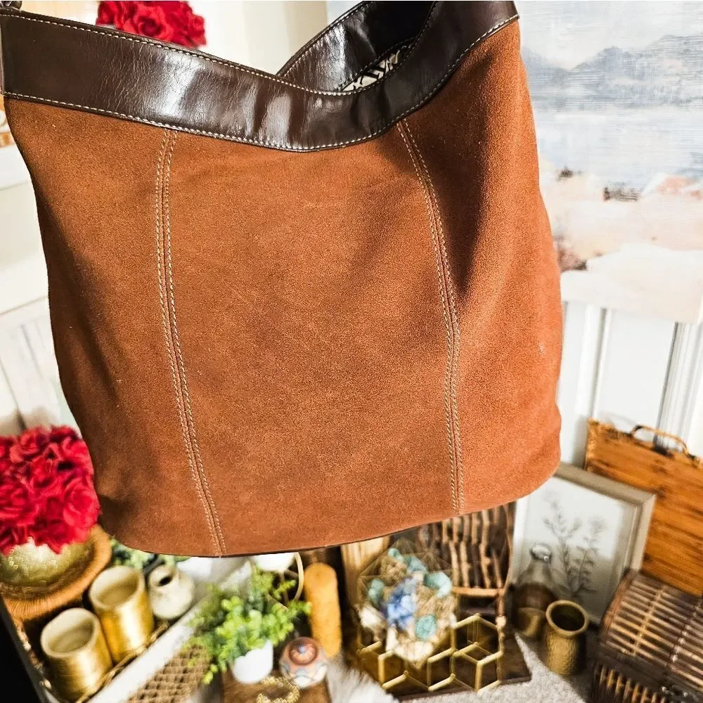 Tignanello Brown Suede Stylish Hobo Handbag.